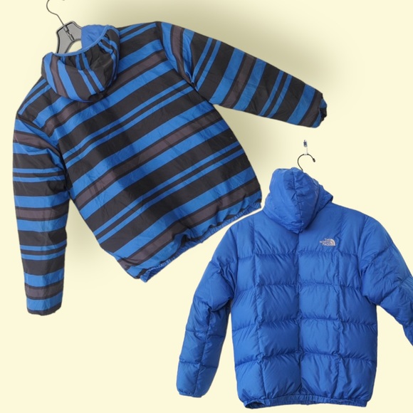 The Northface 550 Y Boys 14/16 Puffer Jacket Full Zip Hood Blue Reversible - Picture 2 of 11